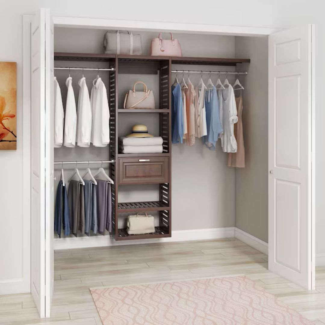 reach in closet with wood tower and shelves