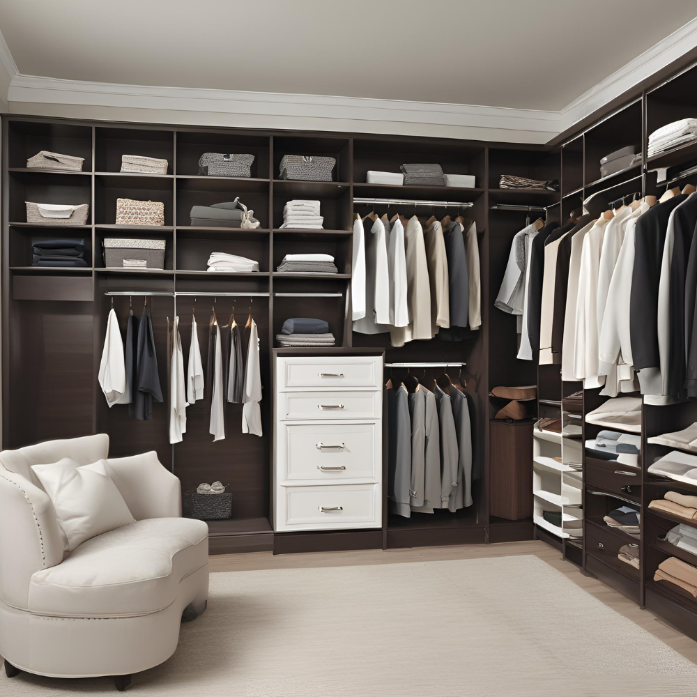 espresso walk in closet with rug and chair