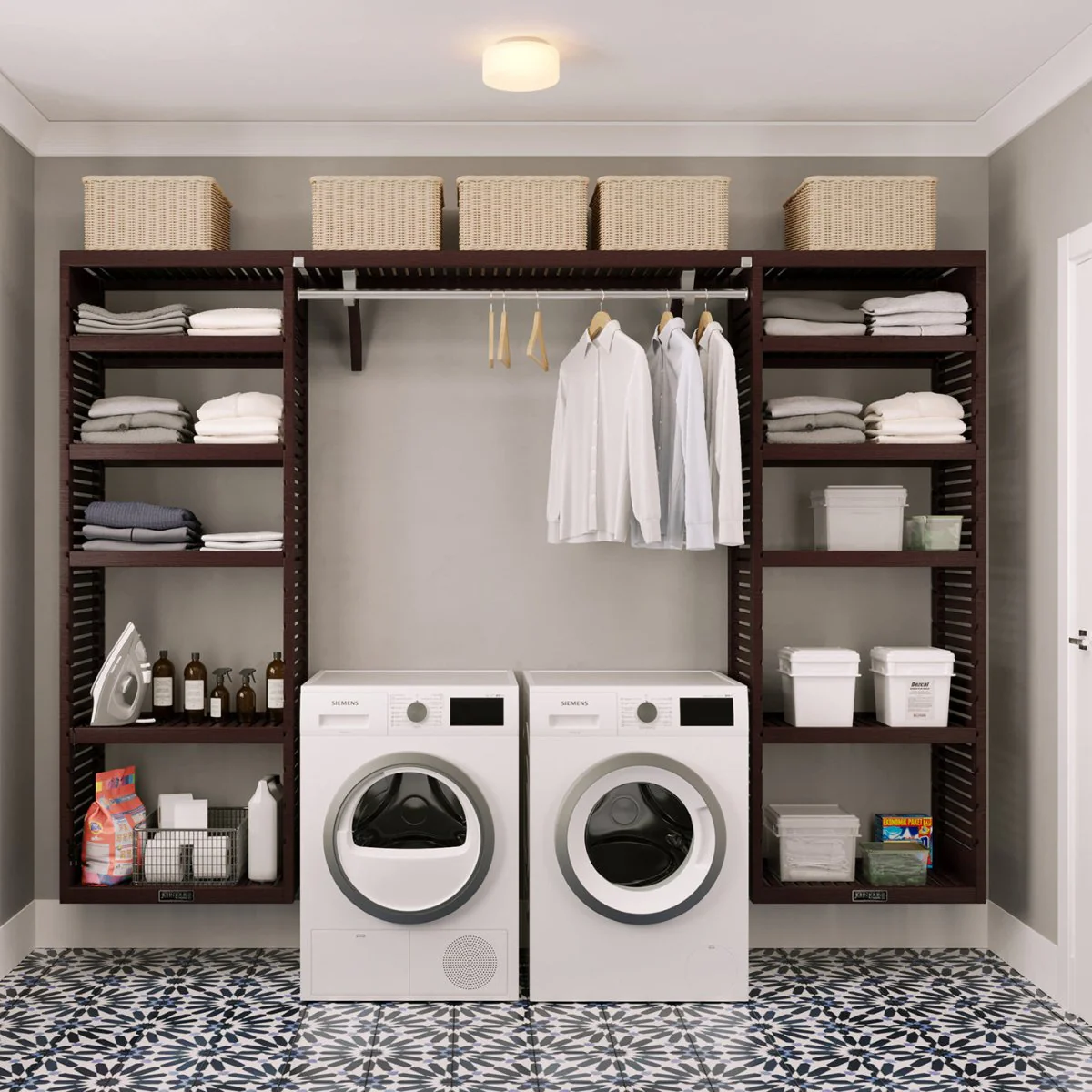 shelves organized around a washing machine and dryer