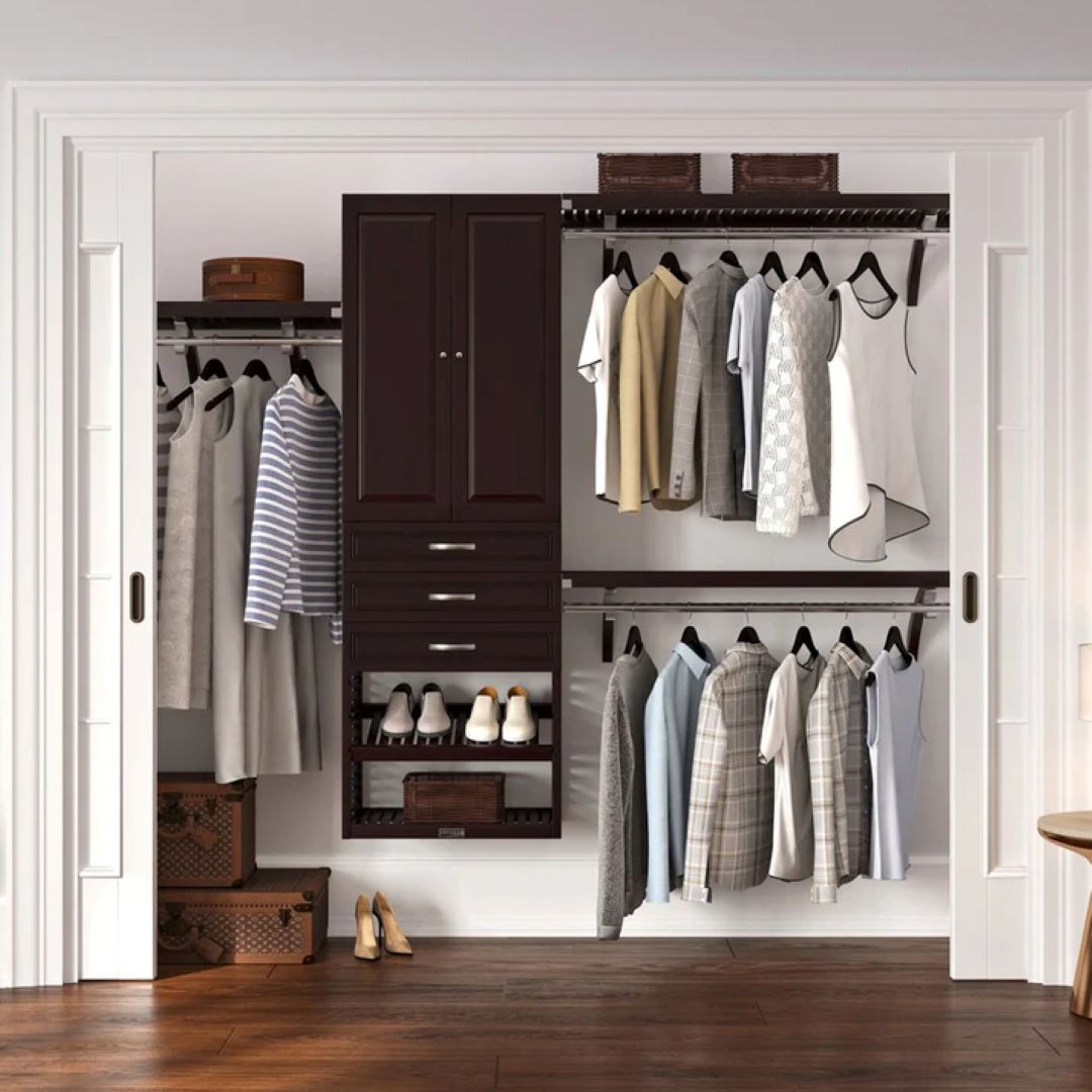 Espresso wood closet system with shelves, drawers, and doors