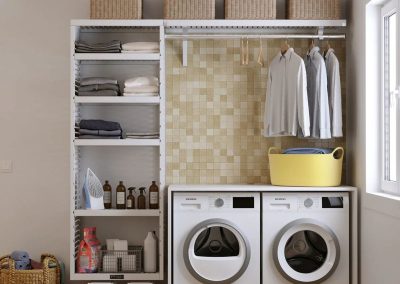 white laundry shelves and tower
