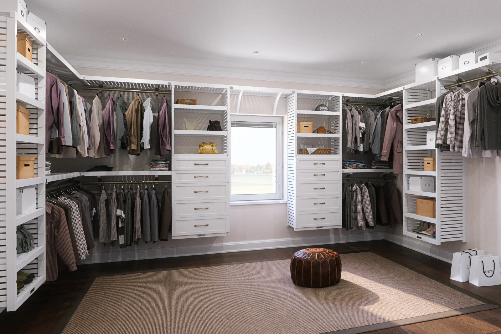 white wood walk in closet with shelves and rods